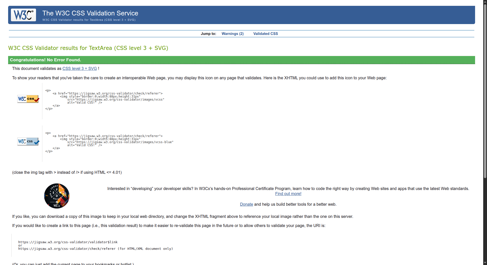 w3 validation image for css, all resolved